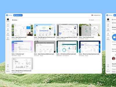 VidFlow - Sidebar [library, setting, history] audio dashboard capture concept dashboard editing app element editing floating history library online editing panel product product design screen recording screen recording tools setting tella ui design video editing vidflow