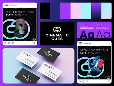 Cinematic Cues Brand Bento action bento brand cinema cinematic color composition cues fiction gradient horror identity liscensing music palette purple sci fi science teal