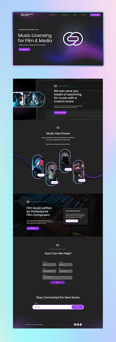 Cinematic Cues Web Design cinematic cues design film licensing media music purple sound teal web website