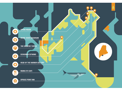 Boothbay, Maine tourism overview map for Maine magazine. design illustration. maine map