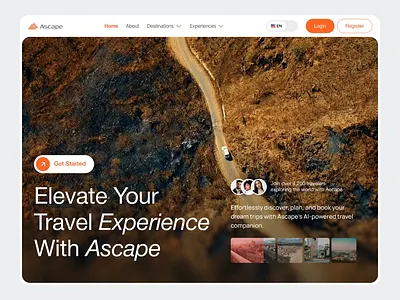 Ascape - Travel Hero Section ai travel guide booking city guide destination guide explore destinations flight hero itinerary journey journey manager route planner smart travel app travel assistant travel companion travel experience travel planner travel planning tools trip organizer vacation organizer vacation planner