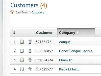 Customers Data Grid breadcrumb data grid delete edit even heading home icon notification odd sorted steps table td th unsorted