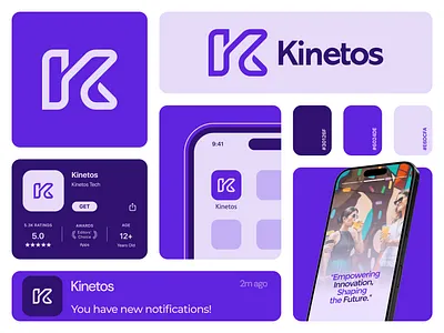 Kinetos - Logo & Branding app brand brand identity branding chinthaka gunaratne design graphic design identity illustration k letter k logo logo design logotype mobile app monogram tech tech logo technology ui