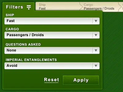 You've never heard of the Millennium Falcon? breadcrumbs buttons dropdown filters menu