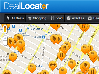 DealLocator update blue button dark filter map pins tabs