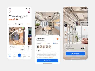 Mindspace - Coworking Space App app book booking chart clean co work cowork coworking list location map mobile office payment search summary ui ux work workspace