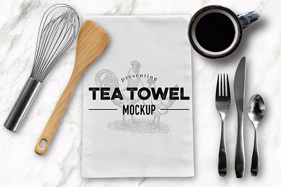 Tea Dish Towel Mockup belly band coffee mug dish towel kitchen mockup printed psd rolling pin silverware tea dish mockup tea dish towel mockup tea towel towel mockup whisk wooden spoon