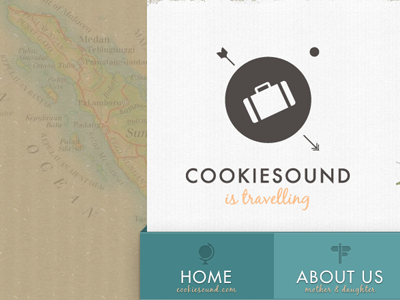 Cookiesound is Travelling. blue cardboard design globe header icons logo map monogram orange texture travel type typo web