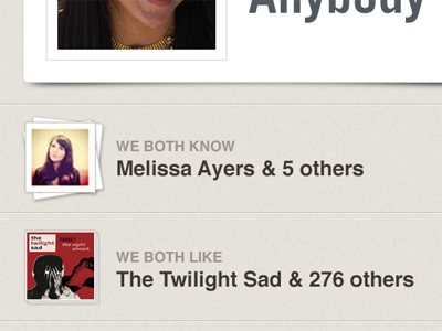 Compares contact card contacts list music page photos row shadow stacks