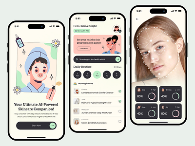 Beauty AI UI/UX Mobile Apps ai app app b2c beauty beauty ai beauty app colorfull daily skincare dermatology illustration minimal mobile app mobile design saas skin skin check skin check app treatment treatment check ui design