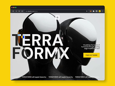 Full-screen nav menu landing page concept animation black cyber design figma framer futuristic gray hero human landing menu motion navigation page robot ui ux web design yellow