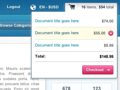 Dropdown Bag arrow bag blue checkout doc document dropdown ecommerce icon item marketplace menu pink price total ui white yellow