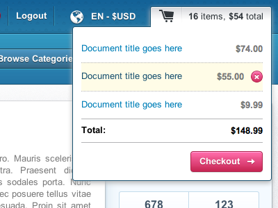 Dropdown Bag arrow bag blue checkout doc document dropdown ecommerce icon item marketplace menu pink price total ui white yellow