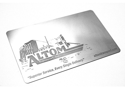 Etched Metal Card altom altom transport inc. branding business card etched identity metal transport