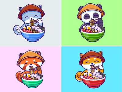 Eating Ramen Noodle🍜🐱🐼 branding cat character chopsticks cute doodle eating egg flat food icon illustration japanese logo meet noodle panda ramen red panda shiba inu