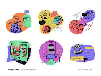 Color illustrations Social Set avatar chat colorful communication conversation empty state getillustrations icons illustrations marketing messaging people photography platform saas social talk vector icons website illustrations writing