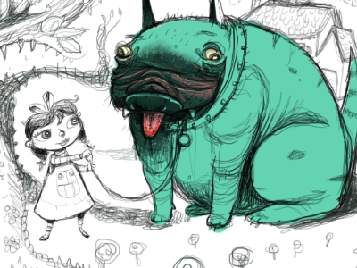 Linka in the Park (Sketch) bucolic character design dog girl illustration lollipops park pug sketch suburbs