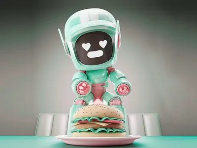 3D Illustration - Robot with burger 3d 3d animation 3d modeling 3d rendering animation art burger cartoon design digital art futuristic design illustration robot sd robot