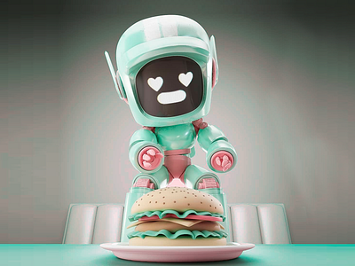 3D Illustration - Robot with burger 3d 3d animation 3d burger 3d modeling 3d rendering 3d robot aesthetic animation art burger cartoon colorful cute design digital art futuristic futuristic design illustration robot robot with burger