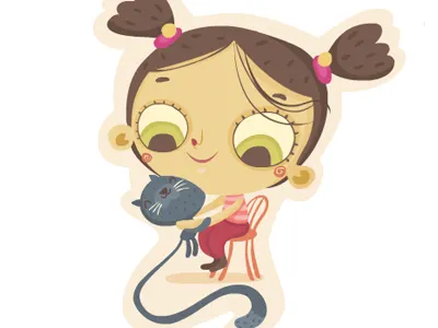 Little girl with a cat cat children illustration little girl vector wall sticker
