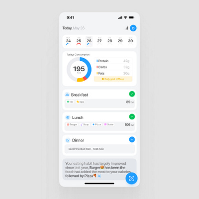 Calorie Tracker ai blue calender calorie figma fitness health lightmode metrics mobile ui uiux userinterface ux