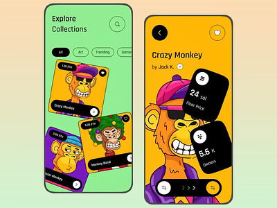 Vibrant NFT Marketplace Interface App blockchain technology bold aesthetics creative ui crypto art crypto trading digital art digital trends interactive design intuitive navigation modern design nft characters nft collectibles nft marketplace playful visuals seamless experience uiux design unique assets user friendly interface ux innovation vibrant colors