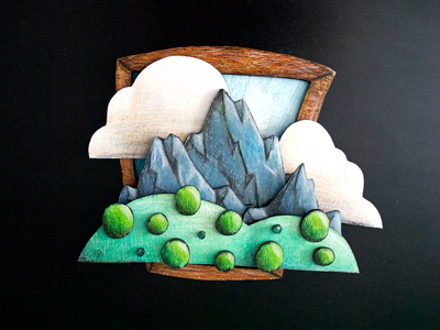 Wood Landscape art bushes clouds crayon landscape mountains non digital wood