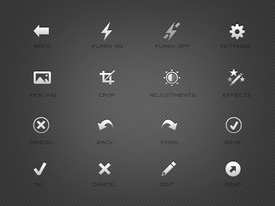 Icons adjustments back cancel crop edit effects flash forward send settings