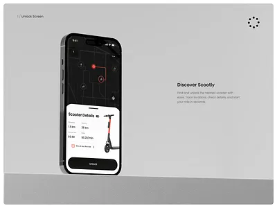 Scootly - Mobile App Design for Scooter app app concept app ui design bike bolt dott escooters map map integration minimalist design mobile app design mobile interface product design rent ride sharing scooter transportation app travel ui design unlock screen urban mobility