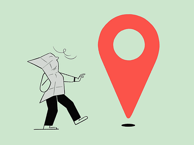 Illustration: Lost in the Map Marker artistic humor bold red icon clever concept creative minimalism digital navigation disorientation theme everyday challenges folded map character gps metaphor graphic simplicity humorous illustration location pin minimalist design modern navigation playful design symbolic art travel and exploration travel struggles visual storytelling walking motion