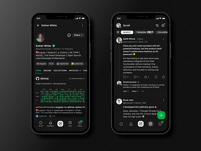 Peerlist Profile — Dark Mode content feed dark mode developer portfolio github contribution mobile app portfolio professional network social media social post social profile streak ui user profile