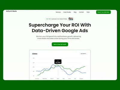 Landing Page for AdSynth Media business growth call to action clean layout corporate branding data driven marketing digital marketing google ads optimization growth strategy interactive design landing page design lead generation marketing agency website minimalistic style modern web design online advertising performance analytics professional website roi improvement user friendly ui visual data presentation