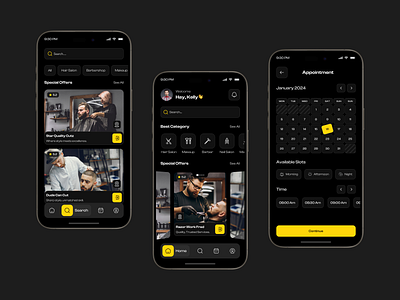 Barber Booking Mobile App barber barber app concept barber shop barbershop beauty salon booking platform hair care hair cut hair salon hair stylist hairdresser hairstyle ios app man care mobile app salon booking salon booking app salons services saloon app design scissors