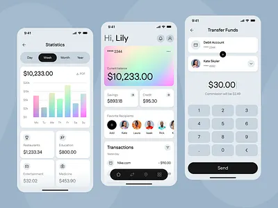 Mobile Banking App Concept: Statistic, Dashboard, Transfer Funds banking budget categories credit dashboard debit digital bank finance move money recipients statistics tracker transactions transfer funds ui