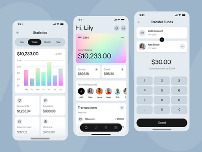 Mobile Banking App Concept: Statistic, Dashboard, Transfer Funds banking budget categories credit dashboard debit finance move money recipients statistics tracker transactions transfer funds ui