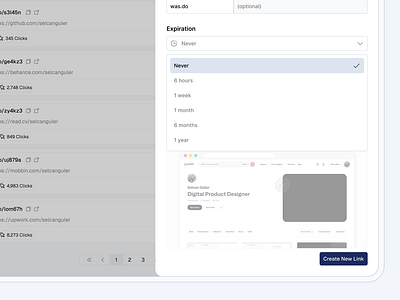 Link Shortener Web App Drawer - Expration Details app card design details drawer dropdown expration link shortener ui url web
