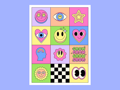 POP ART GROW POSTER. COOL GROOVY PATTERN. Y2K ILLUSTRATION 90s abstract art cartoon cool cover emoji fun funky groovy grow heart love placard poster smile trendy trippy y2k