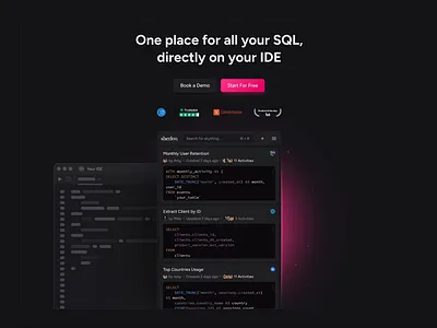 SF → [Sherloq] [Website] animation app black code dark dark mode design dev tool glow ide illustration landing page motion graphics pink plugin sql superfine ui web website