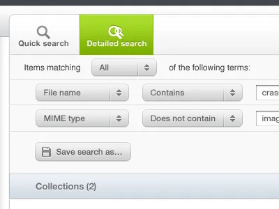 Detailed Search advanced button crasman crasman studio dropdown filter find image bank material bank pop over popup search web app