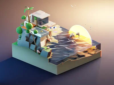 The Beach House. The Cliff House. Low Poly 3D Illustration 3d 3dart 3dillustration 3dmodel 3dmodeling beach cliff diorama dolphins illustration isometric low poly lowpoly nature ocean render sea summer sun water