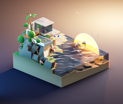 The Beach House. The Cliff House. Low Poly 3D Illustration 3d 3dart 3dillustration 3dmodel 3dmodeling beach cliff diorama dolphins illustration isometric low poly lowpoly nature ocean render sea summer sun water