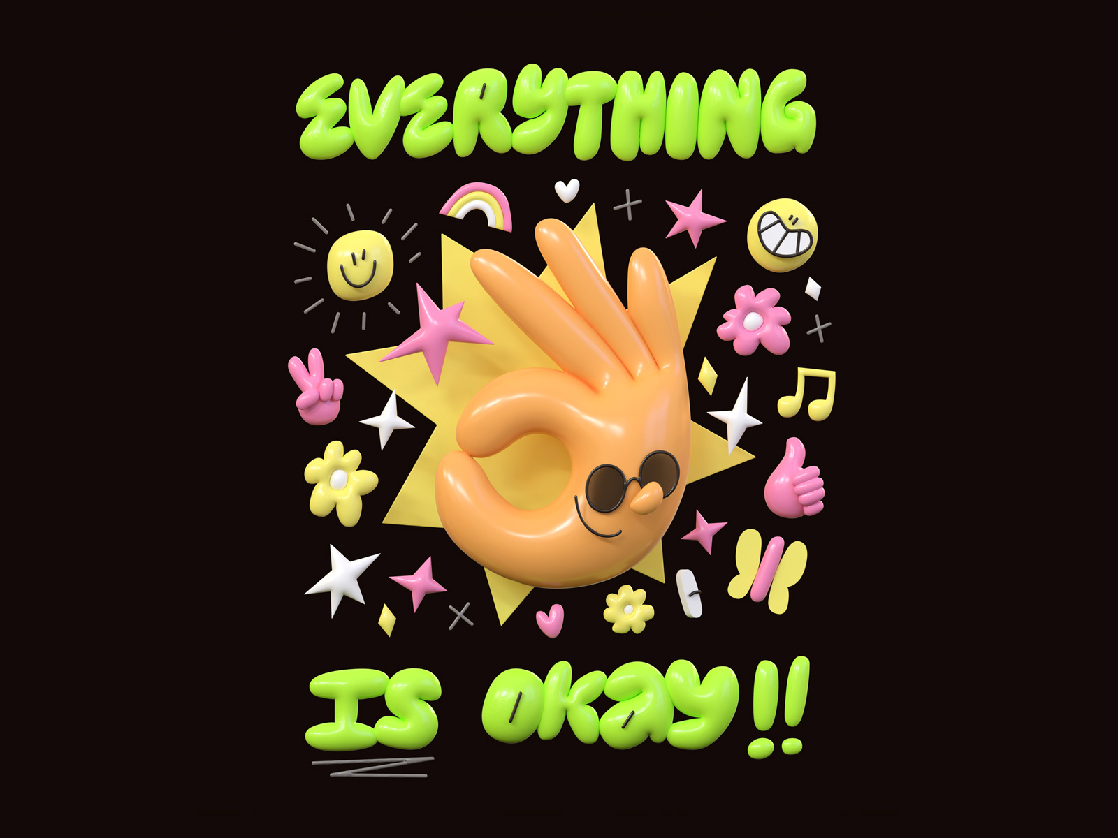 Okay!! 3D 3d 3d animation 3d character 3d illustration character character design digital art good vibes hand lettering happy illustration lettering ok okay peace procreate sketch typography womp womp 3d