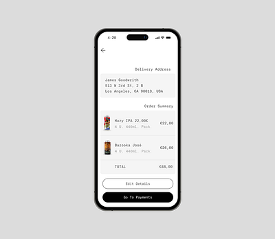 Delivery Address + Order Summary - UI Concept beer branding brutalist craft beer graphic design minimal minimal design mobile mobile design ui ux uxui white space