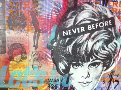 Never Before Screen Print on Wood ad advertisement black blue found image ink lady magazine numbers orange paint prices print mafia purple red screen print teal texture vintage wig wood yellow