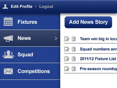 CMS Mockup for Football Client cms interface