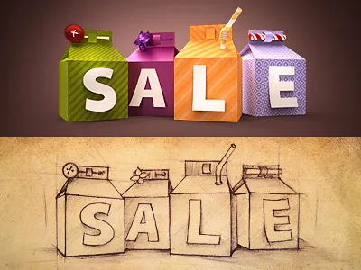 Sale! 2.0 banner box button design discount gift icon pencil sale sketch typography web