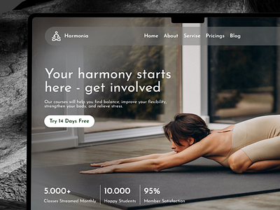 Harmonia - Yoga Landing page calm design exserscises fitness health healthyliving keep calm landing page lifestyle meditation pilates selfcare selfimprovment sport sport at home stress ui yoga yogacommunity yogapractice