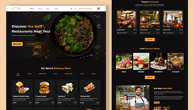 "Discover Delicious: Restaurant Landing Page Design" cleandesign creativeui darktheme ui foodbeverage fooddelivery foodindustry foodlandingpage foodphotography foodwebsite interactiveui landingpage menudesign minimalistdesign moderndesign responsivedesign restaurantbranding restaurantwebsite uxuidesign webdesign