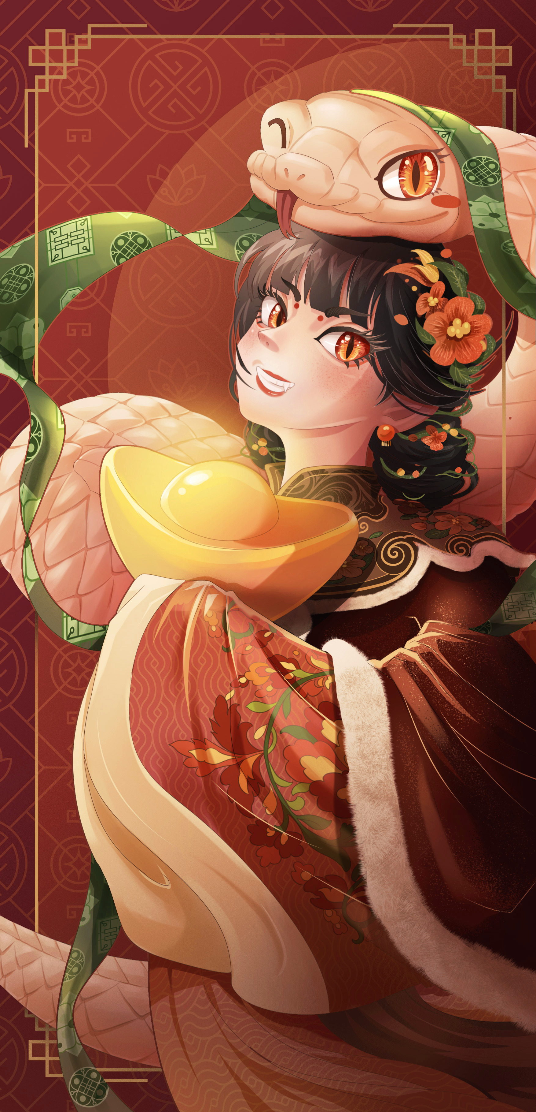 Happy 2025 Lunar New Year ^ ^ gold handdrawing illustration lunar new year red snakeyear