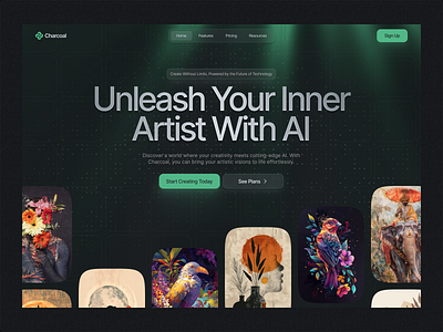 AI Art Web Design Exploration - Charcoal Platform 3d 3d illustration ai ai app ai art generator ai tool ai ui kit art chatgpt chatgpt ui kit clean midjourney minimal photo generation ui ui design ux ux design web design web ui kit